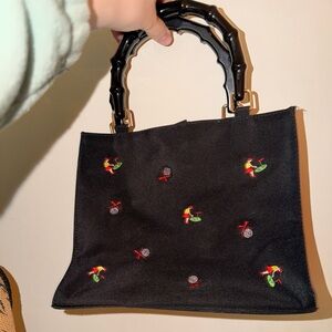 Golf Black Embroidered Satchel with Bamboo-Style Handles